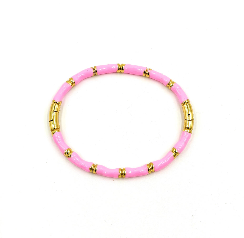 MVH Pink and Gold Bamboo Tube Stretch Bracelet for Women – Stackable Enamel Boho Chic Jewelry – Lightweight Summer Statement Accessory - MVHSBRGD141