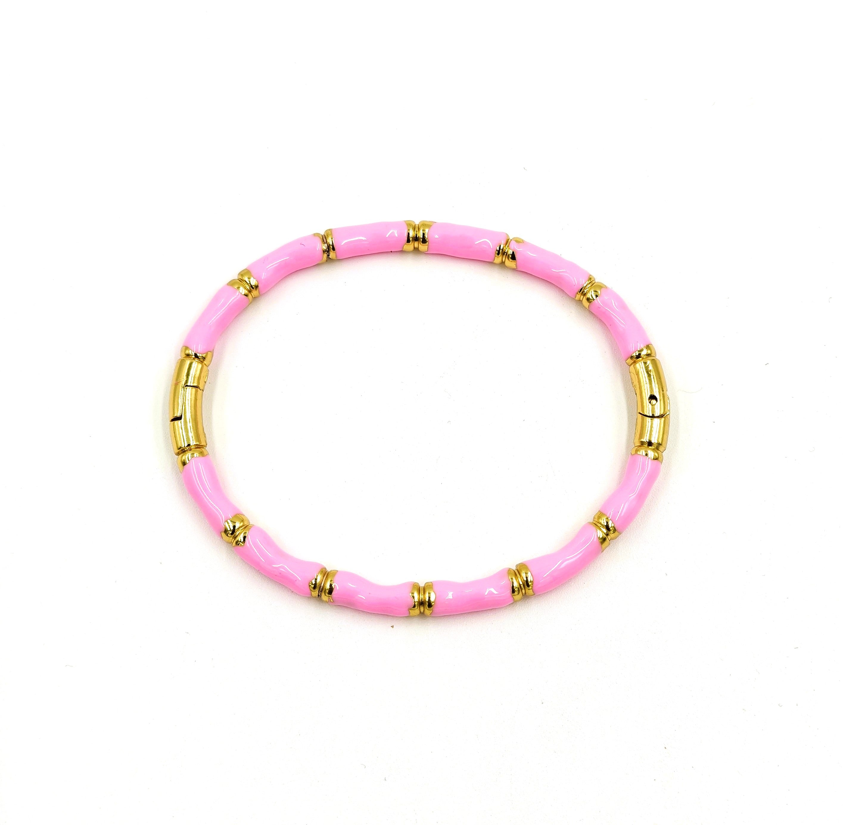 MVH Pink and Gold Bamboo Tube Stretch Bracelet for Women – Stackable Enamel Boho Chic Jewelry – Lightweight Summer Statement Accessory - MVHSBRGD141