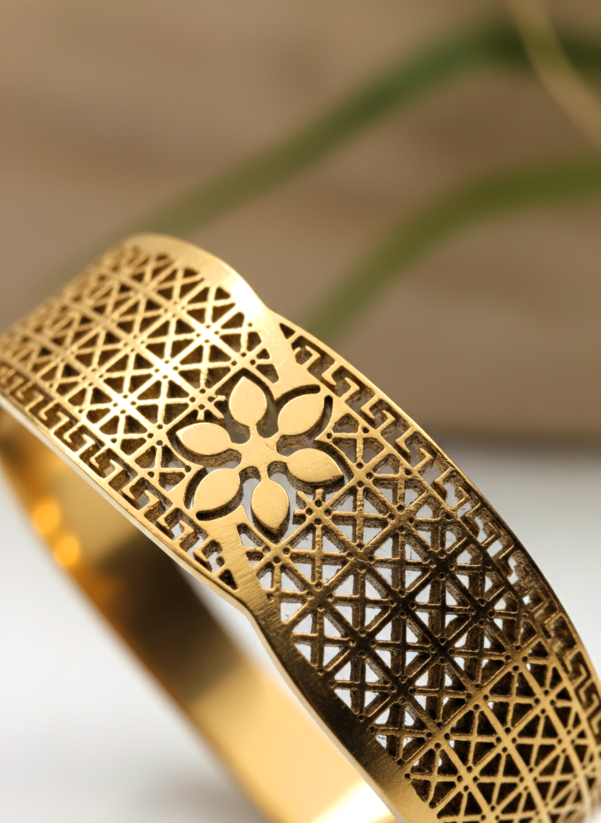 Elegant Gold Plated Floral Filigree Kada Bracelet for Women and Girls - MVNFBRGD171