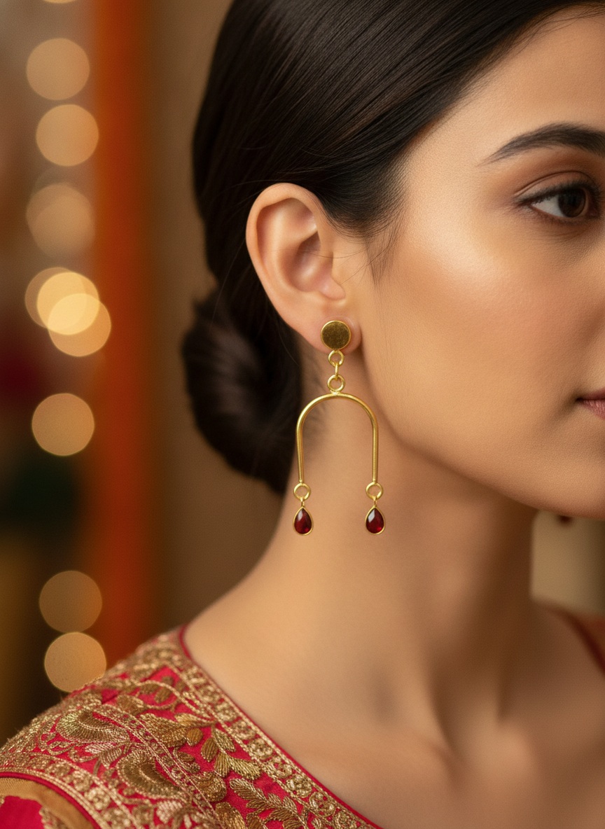 Gold Plated Contemporary Arch Drop Earrings with Ruby Red Teardrop Stones - MVJPERGD207
