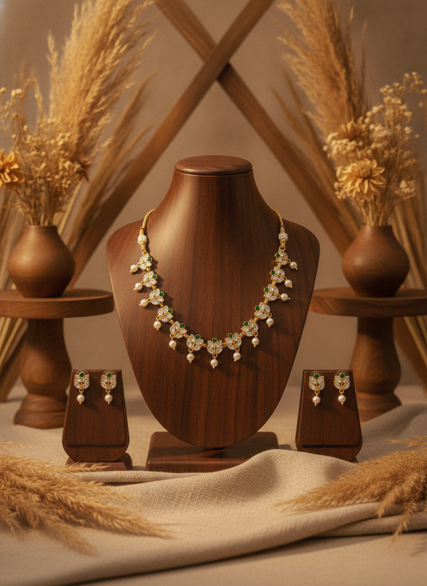 Gold Plated Green and White Stone Jewelry Set with Pearl Droplets - MVJPSTGD205