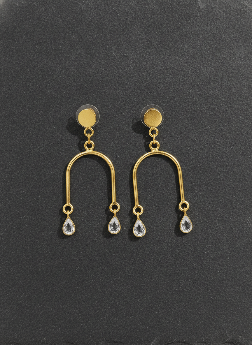 Elegant Gold Plated Arch Drop Earrings with Clear Teardrop Stones for Women - MVJPERGD208
