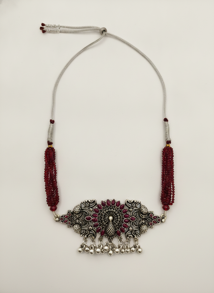 Oxidized Silver Maroon Beaded Peacock Choker Necklace Traditional Jewelry Set - MVJPSTSR206