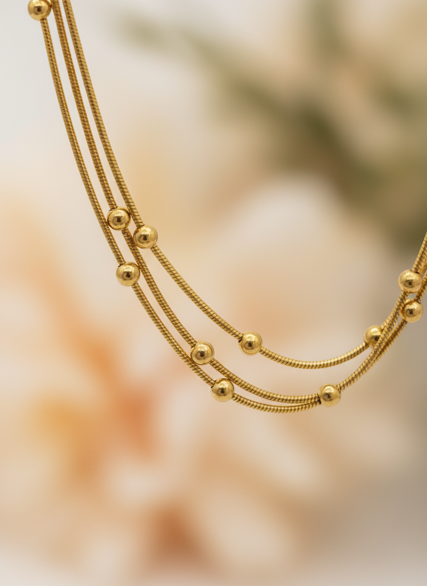 MVK Gold Plated Triple Layer Snake Chain Anklet with Beads for Women and Girls - MVKMAKGD170