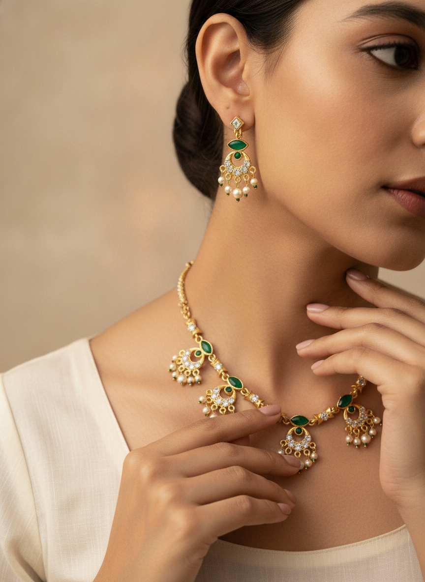 Gold Plated Green Stone and Pearl Necklace Jewelry Set for Women - MVJPSTGD204