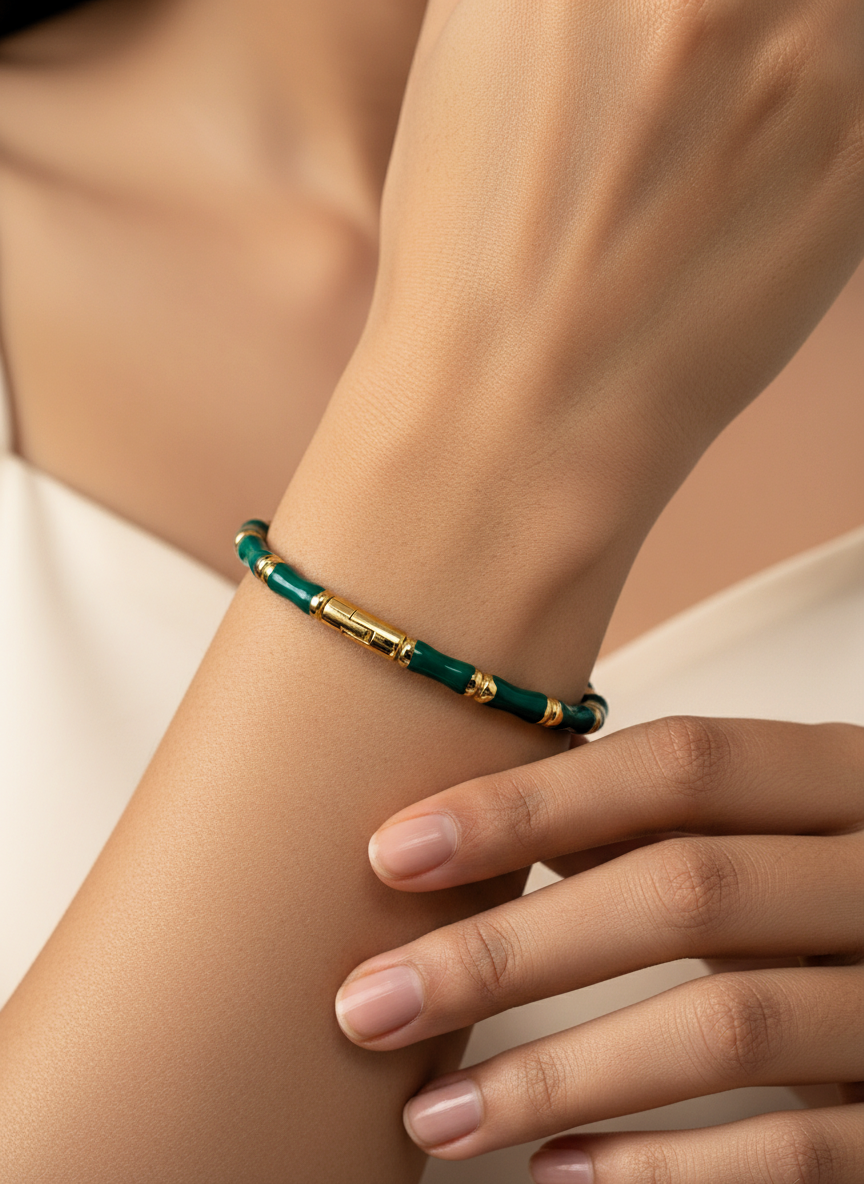 Elegant Green Bamboo Bangle Bracelet – Gold-Tone Plated Enamel Segmented Cuff – Nature-Inspired Modern Jewelry for Women – Traditional Designer Style Statement Piece (SKU: MVHSBRGD142) - MVHSBRGD142