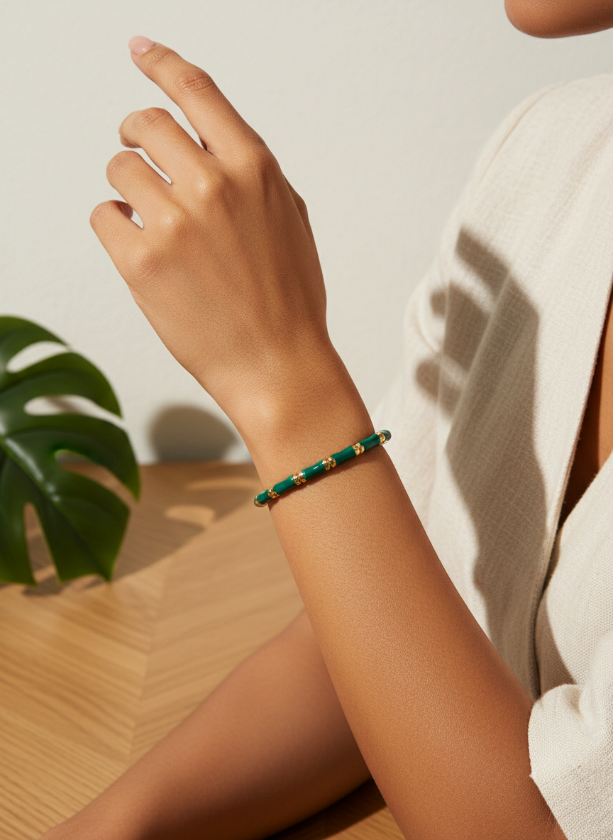 Elegant Green Bamboo Bangle Bracelet – Gold-Tone Plated Enamel Segmented Cuff – Nature-Inspired Modern Jewelry for Women – Traditional Designer Style Statement Piece (SKU: MVHSBRGD142) - MVHSBRGD142