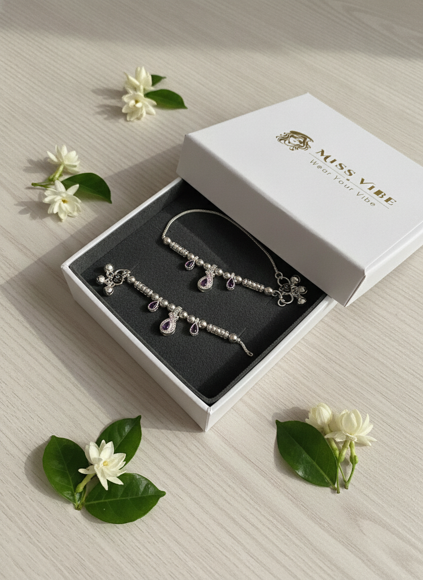 Silver Plated Purple Stone Anklet Pair for Women and Girls Payal - MVDRAKSR197