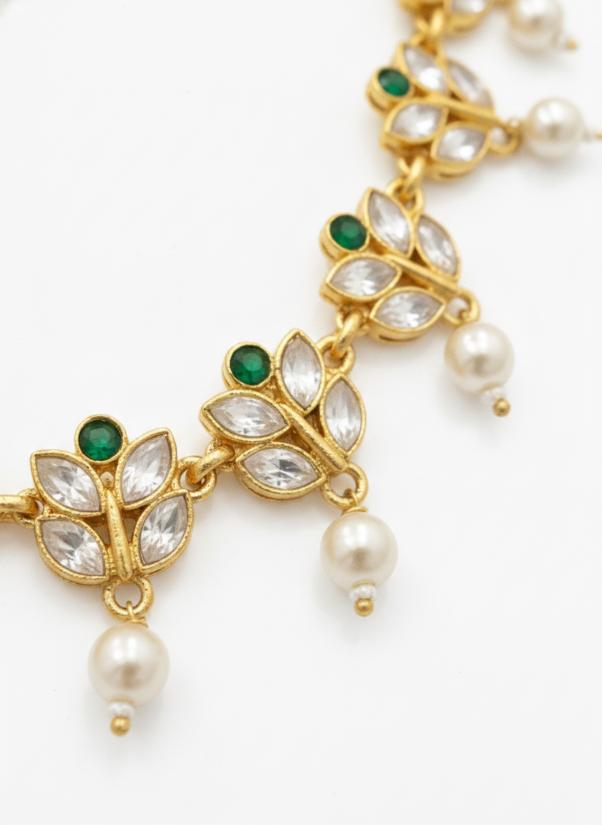 Gold Plated Green and White Stone Jewelry Set with Pearl Droplets - MVJPSTGD205
