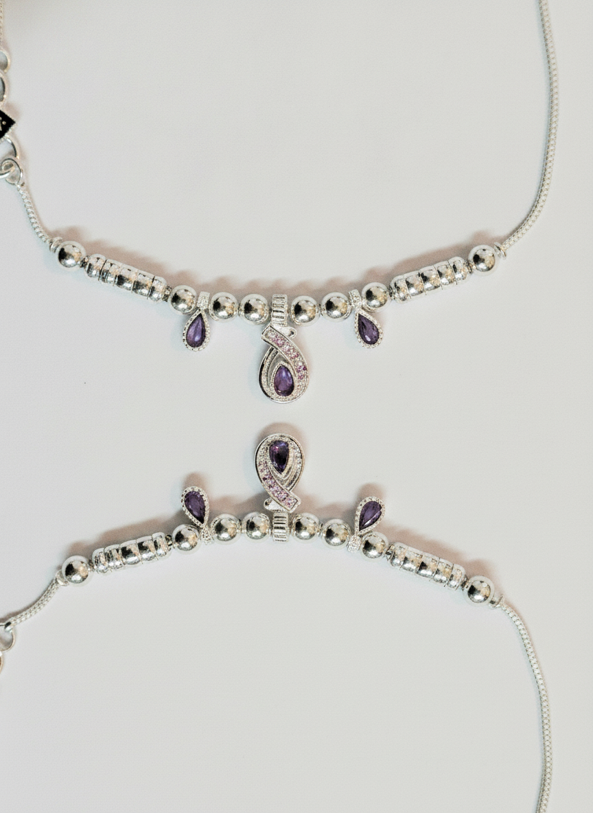 Silver Plated Purple Stone Anklet Pair for Women and Girls Payal - MVDRAKSR197