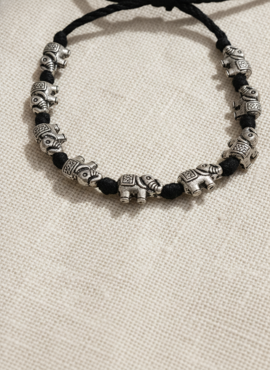 Silver Oxidised Elephant Black Thread Adjustable Bracelet for Women and Men - MVJPBRSR200