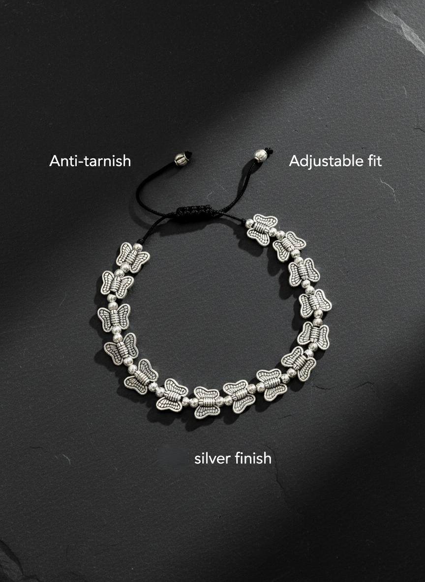 Silver Oxidized Butterfly Charm Anklet with Adjustable Thread for Women - MVDRAKSR192