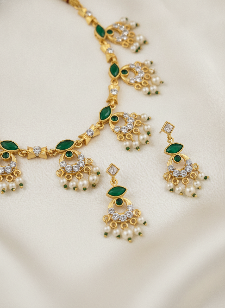Gold Plated Green Stone and Pearl Necklace Jewelry Set for Women - MVJPSTGD204