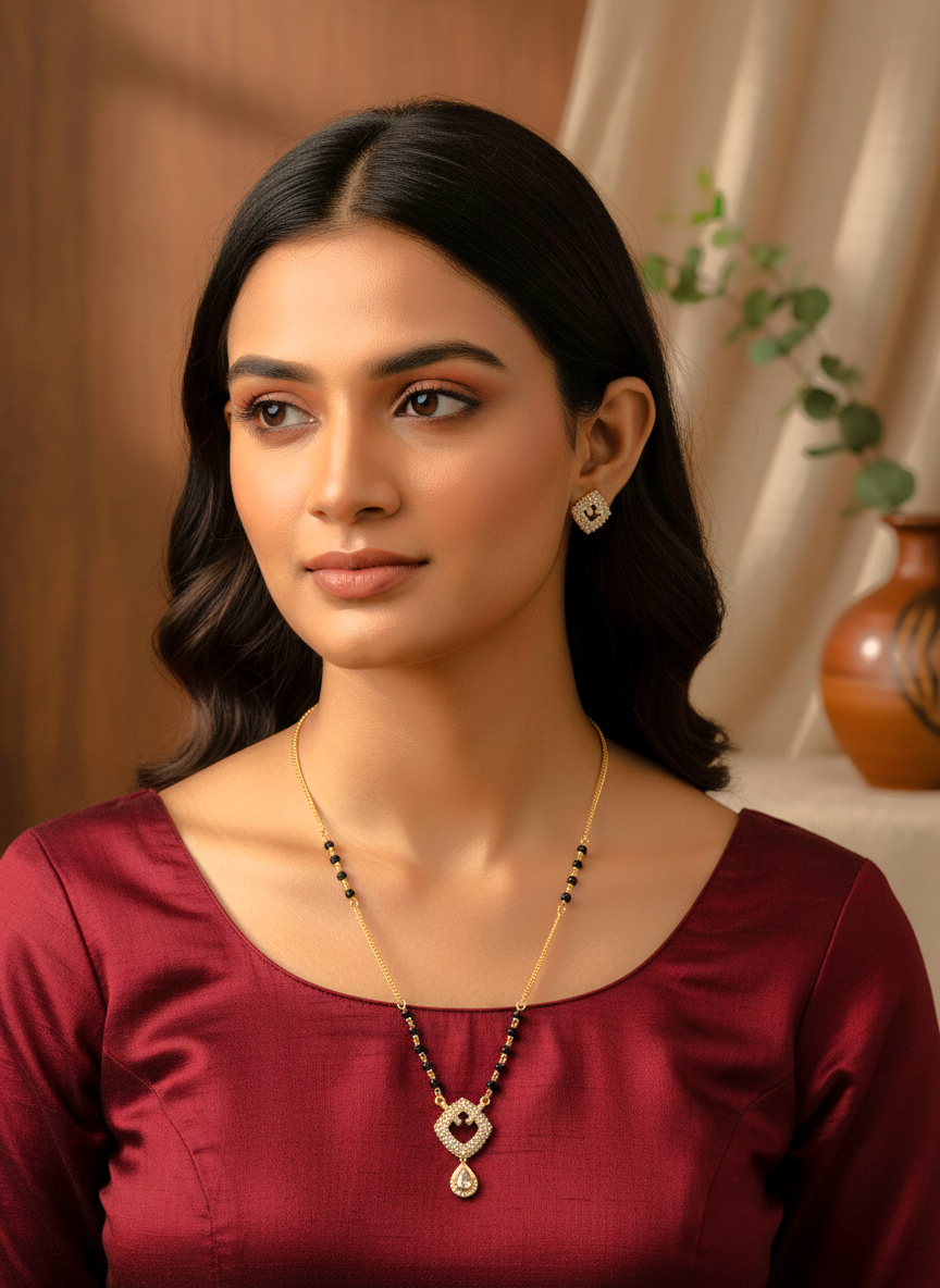 Gold Plated CZ Studded Mangalsutra with Black Beads for Women - MVMFMSGD177
