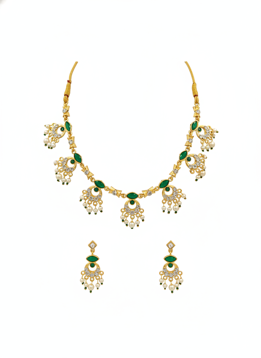 Gold Plated Green Stone and Pearl Necklace Jewelry Set for Women - MVJPSTGD204