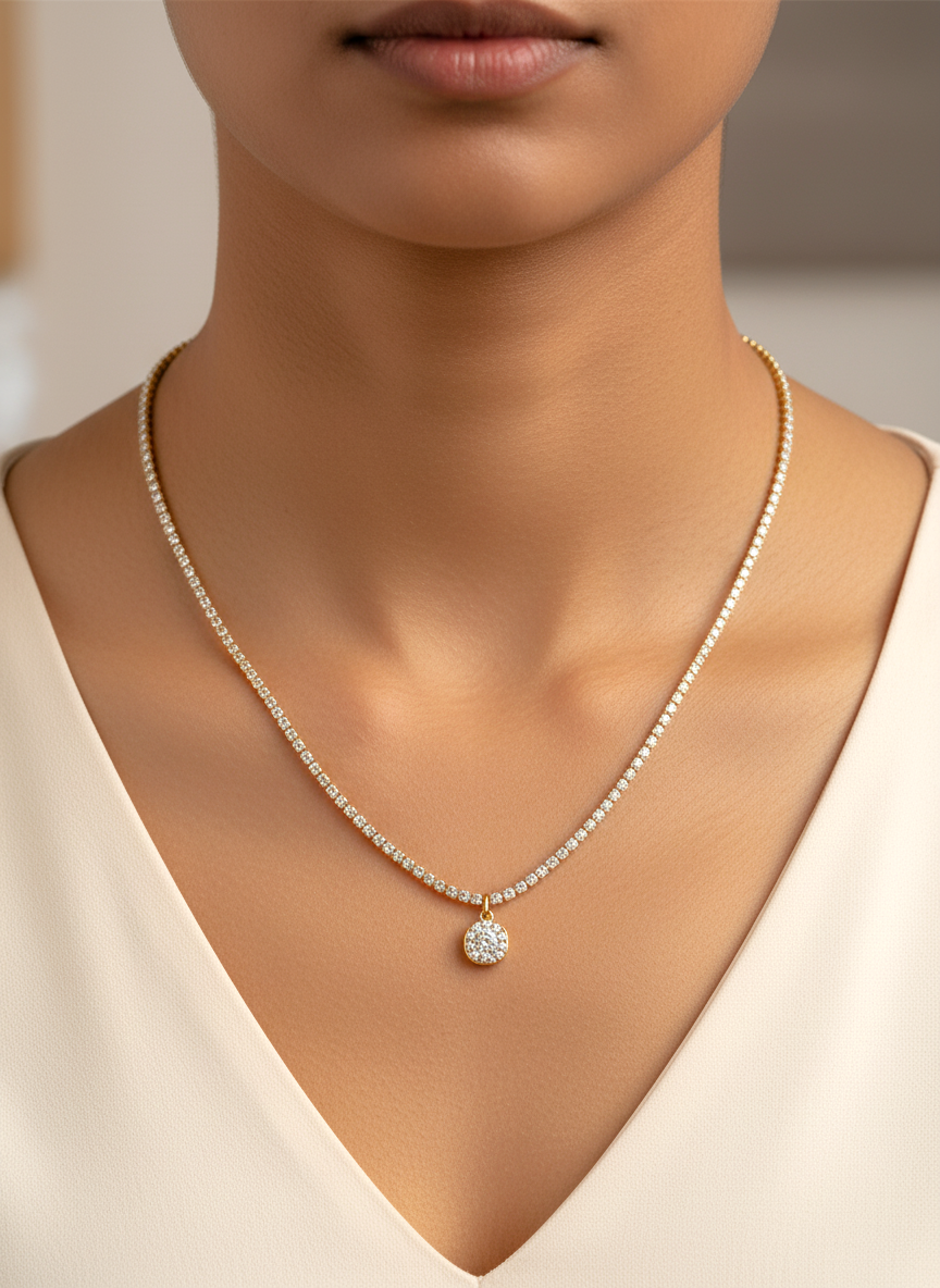 Gold Plated CZ Stone Studded Tennis Chain Necklace with ROUND  Pendant Women - MVANNKGD158