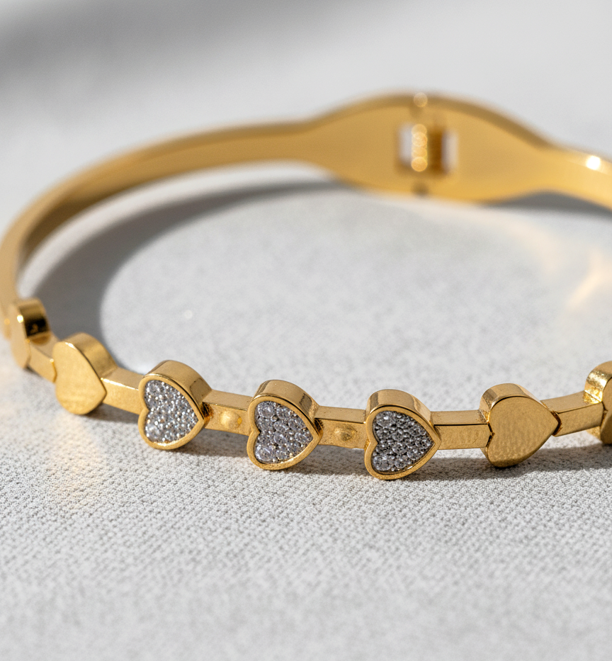 Gold Plated Crystal Heart Charm Bangle Bracelet for Women and Girls - MVANBRGD165