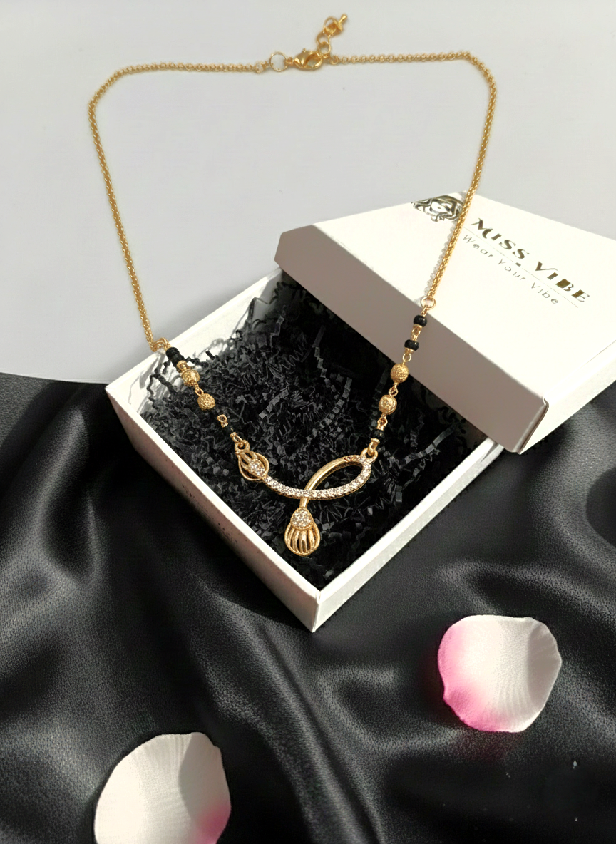 Elegant Gold Plated Mangalsutra for Women with CZ Studded Pendant and Black Beads - MVMFMSGD179