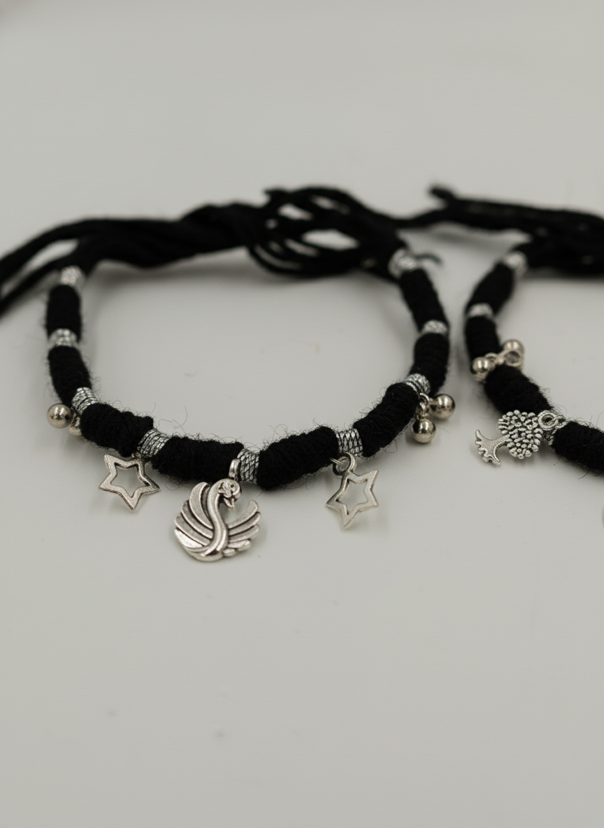 Combo of 2 Oxidized Silver Charm Black Thread Bracelets for Women and Girls - MVCMBRGD174