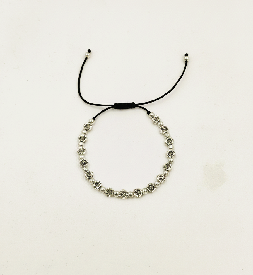 Silver Oxidised Floral Black Thread Anklet for Women and Girls - MVDRAKSR193