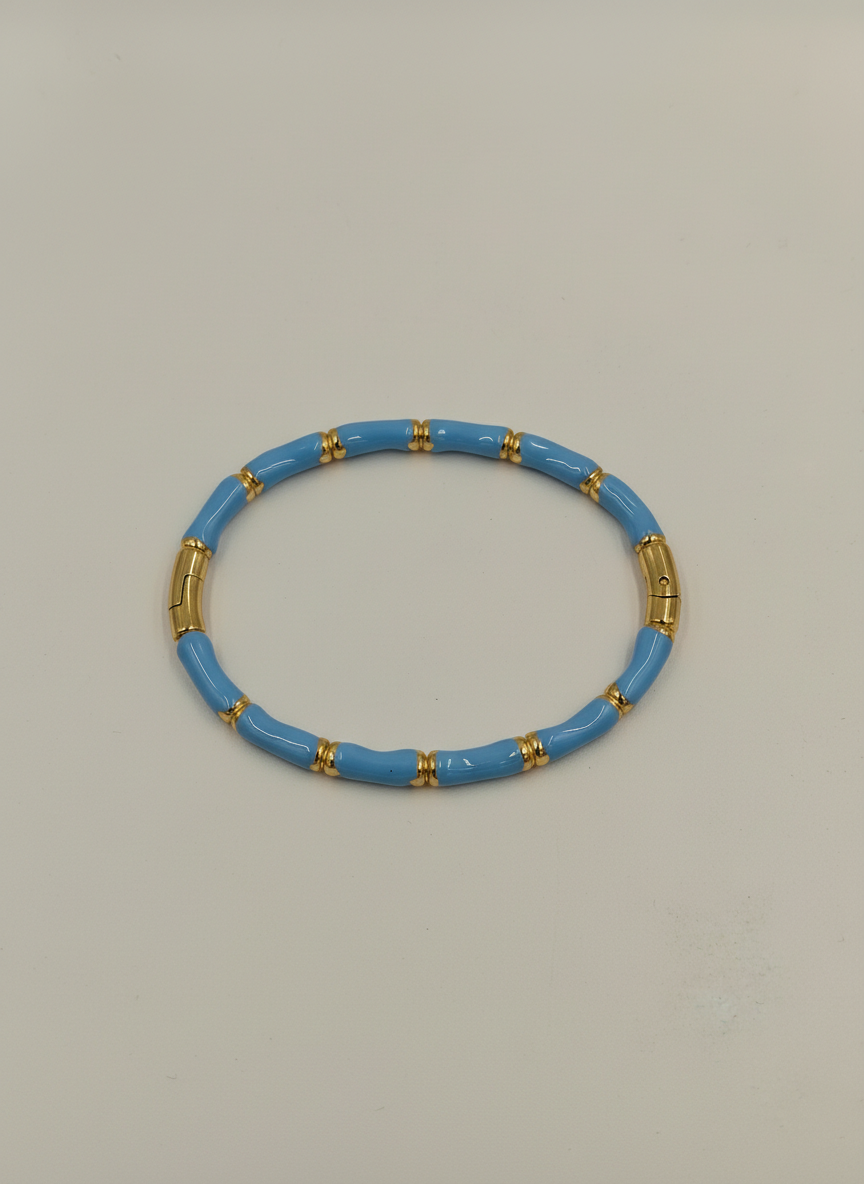 Elegant Light Blue Enamel Bamboo Bangle Bracelet for Women - 18K Gold Plated Stackable Wrist Accessory, Stylish Nature-Inspired Fashion Jewelry - MVHSBRGD144