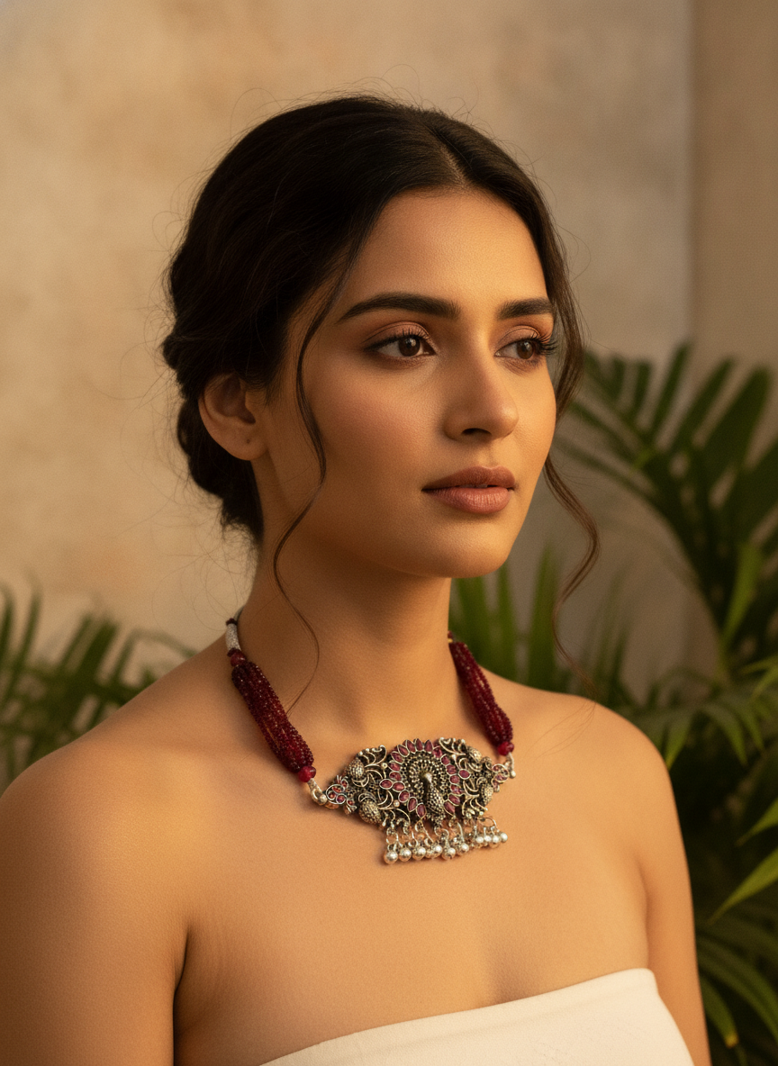 Oxidized Silver Maroon Beaded Peacock Choker Necklace Traditional Jewelry Set - MVJPSTSR206