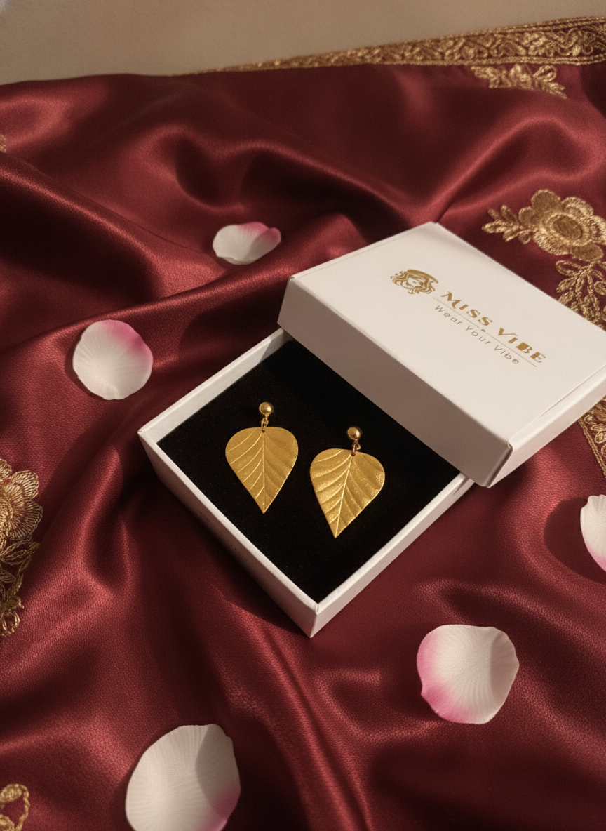 MVJ Gold Plated Textured Leaf Drop Earrings for Women and Girls - MVJPERGD211