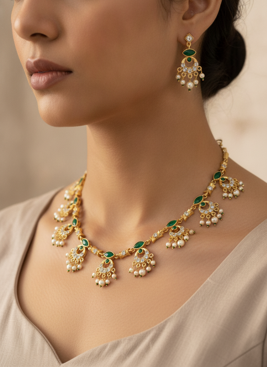 Gold Plated Green Stone and Pearl Necklace Jewelry Set for Women - MVJPSTGD204