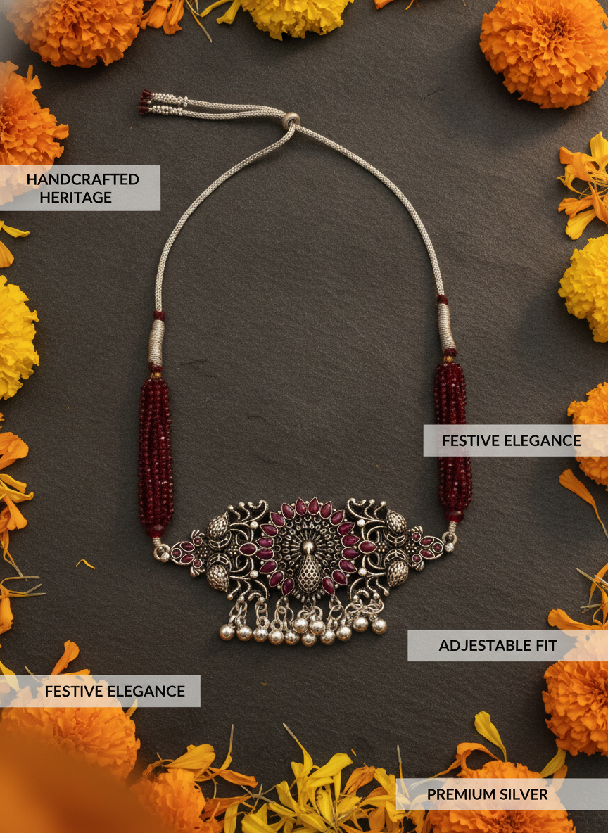 Oxidized Silver Maroon Beaded Peacock Choker Necklace Traditional Jewelry Set - MVJPSTSR206