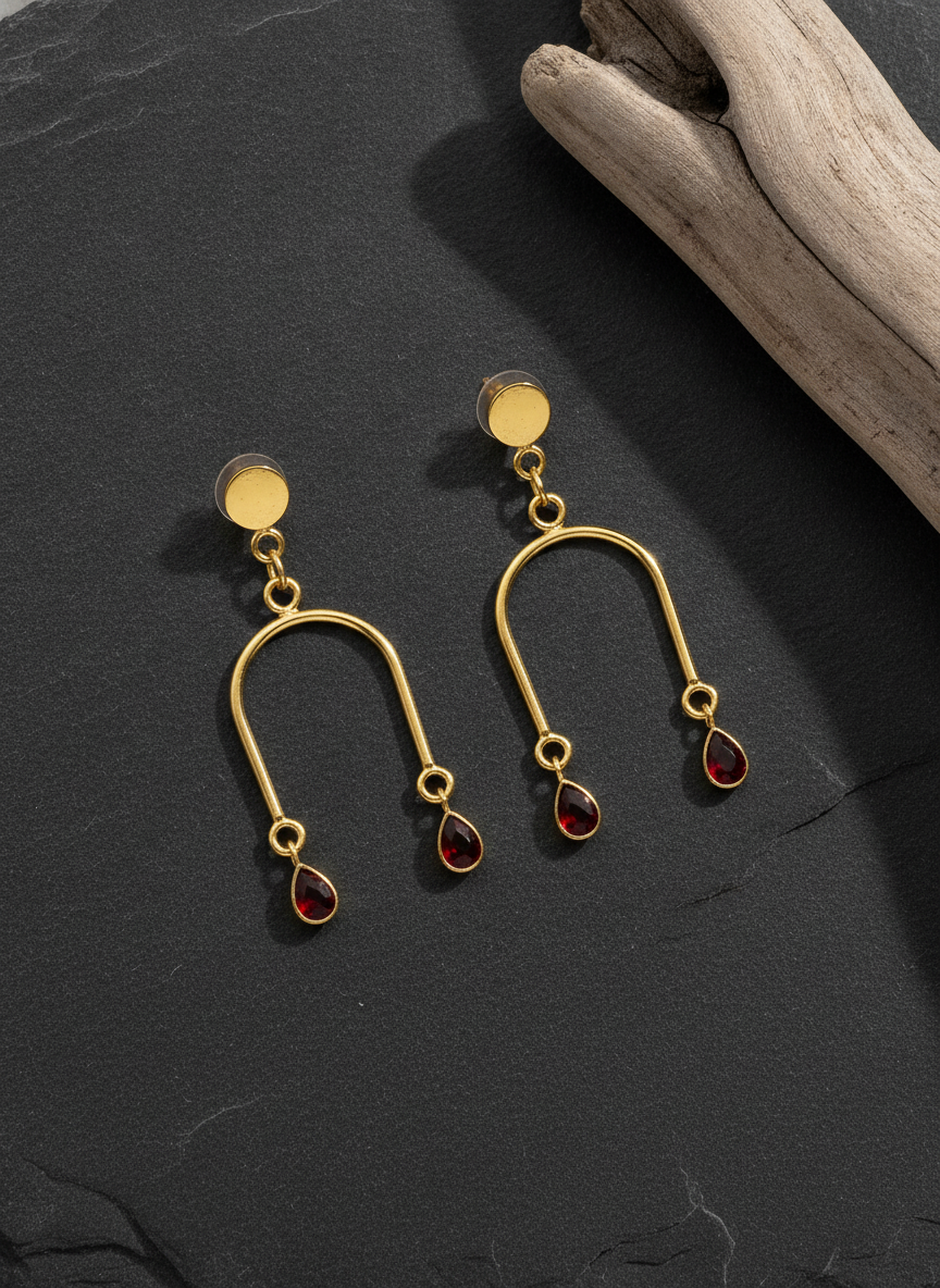 Gold Plated Contemporary Arch Drop Earrings with Ruby Red Teardrop Stones - MVJPERGD207