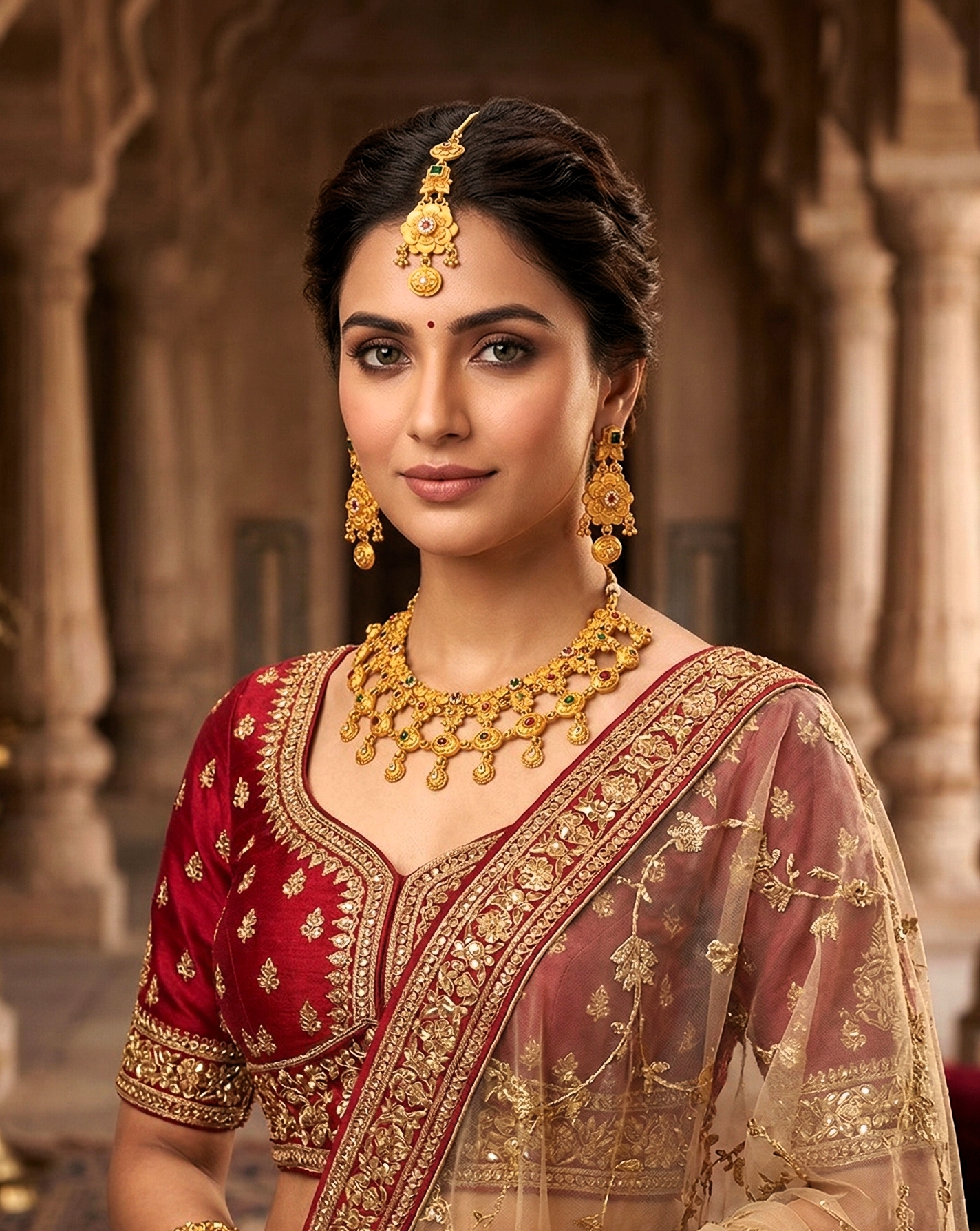 Ethnic Gold Plated Matte Necklace Set with Earrings and Maang Tikka for Women - MVMMSTGD185