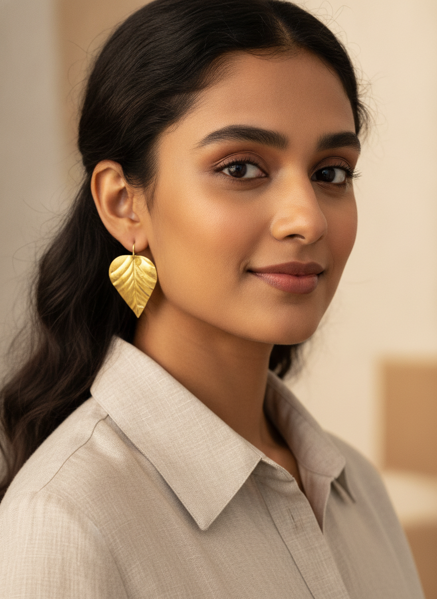 MVJ Gold Plated Textured Leaf Drop Earrings for Women and Girls - MVJPERGD211