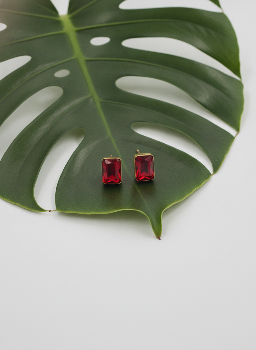 Elegant Ruby Red Rectangular Stud Earrings Gold Plated Minimalist Jewelry - MVJPERGD212