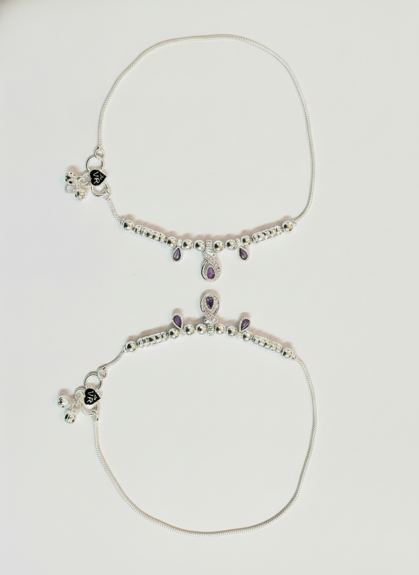 Silver Plated Purple Stone Anklet Pair for Women and Girls Payal - MVDRAKSR197