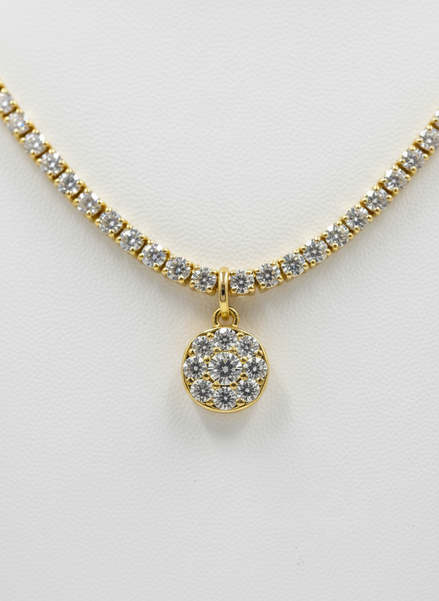Gold Plated CZ Stone Studded Tennis Chain Necklace with ROUND  Pendant Women - MVANNKGD158