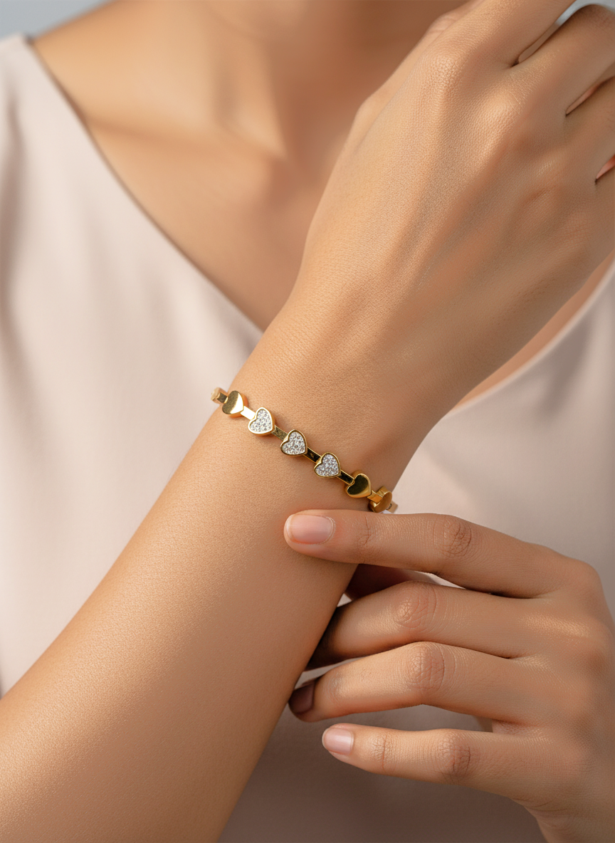 Gold Plated Crystal Heart Charm Bangle Bracelet for Women and Girls - MVANBRGD165