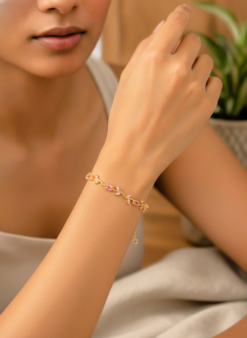 Elegant Gold Plated Pink Tulip Floral Bracelet for Women and Girls - MVDRBRGD198