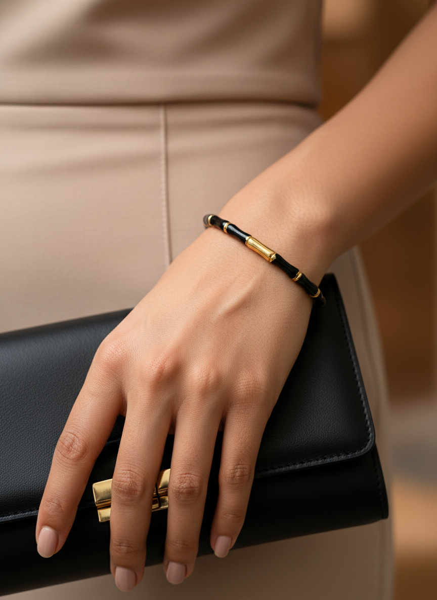 _80: Women Gold Plated Black Bamboo Segmented Bracelet Contemporary Bangle Jewelry - MVHSBRGD140