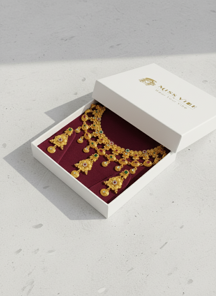 Ethnic Gold Plated Matte Necklace Set with Earrings and Maang Tikka for Women - MVMMSTGD185