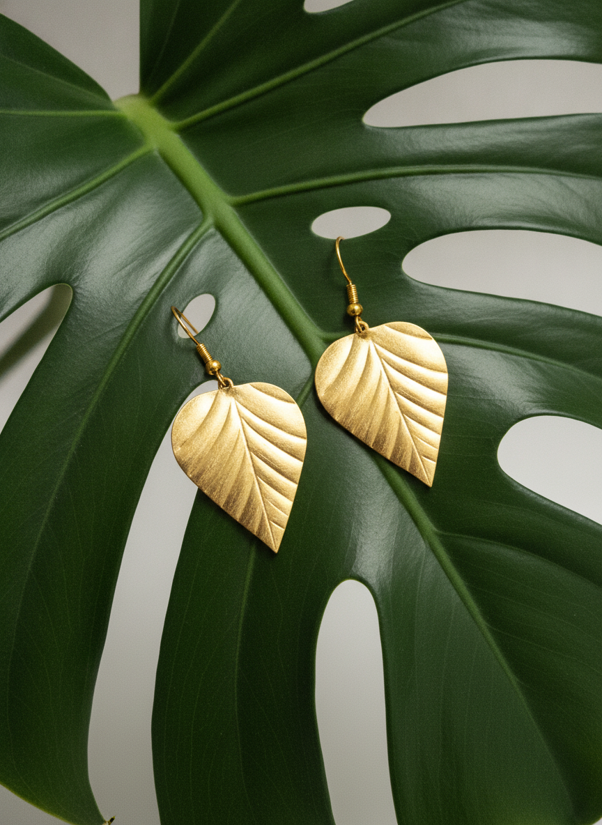 MVJ Gold Plated Textured Leaf Drop Earrings for Women and Girls - MVJPERGD211