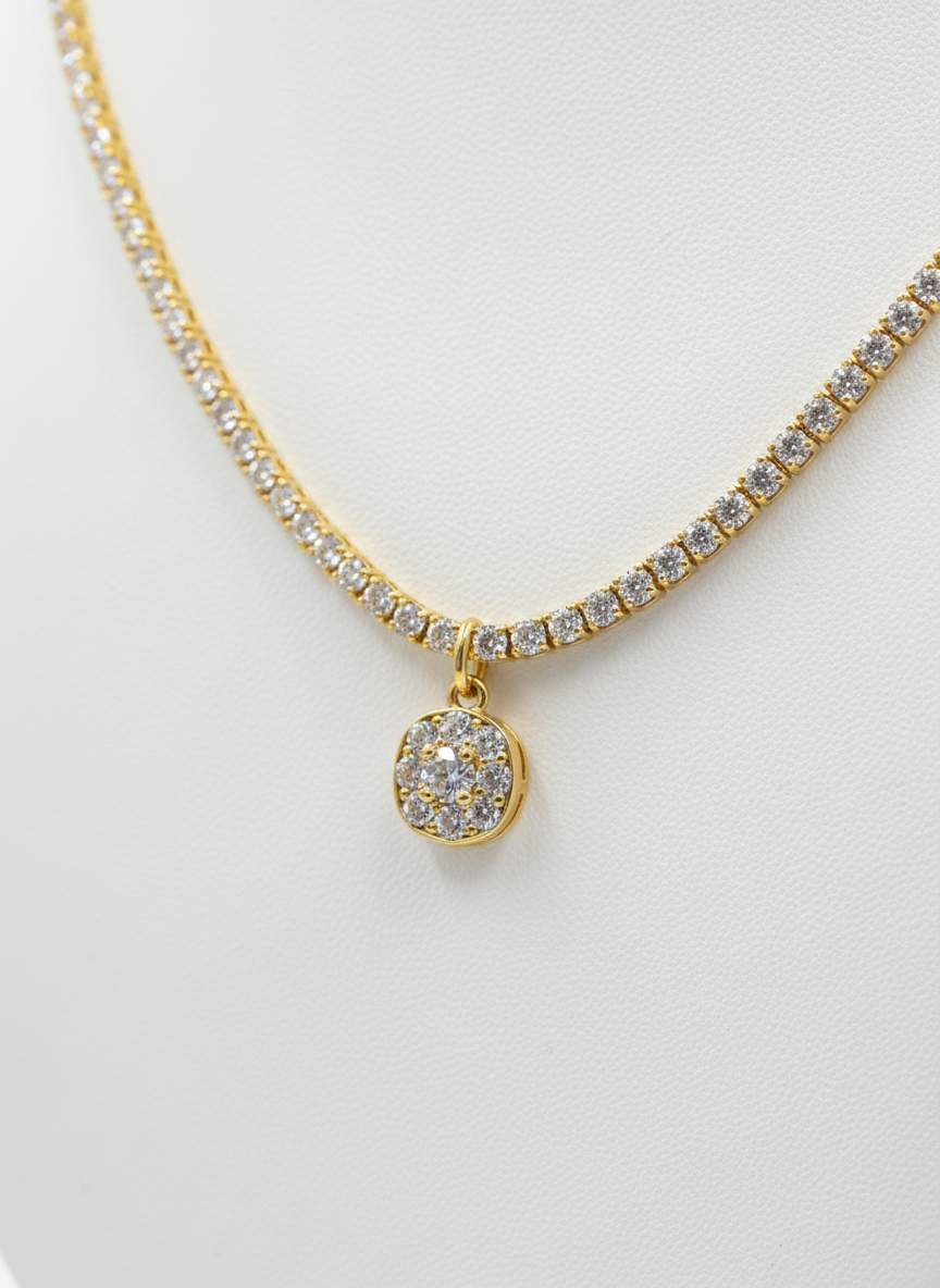 Gold Plated CZ Stone Studded Tennis Chain Necklace with ROUND  Pendant Women - MVANNKGD158