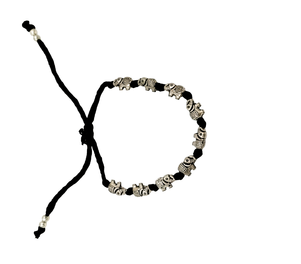 Silver Oxidised Elephant Black Thread Adjustable Bracelet for Women and Men - MVJPBRSR200