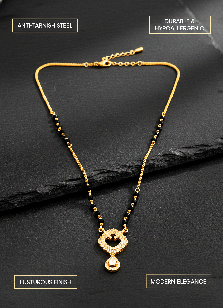Gold Plated CZ Studded Mangalsutra with Black Beads for Women - MVMFMSGD177
