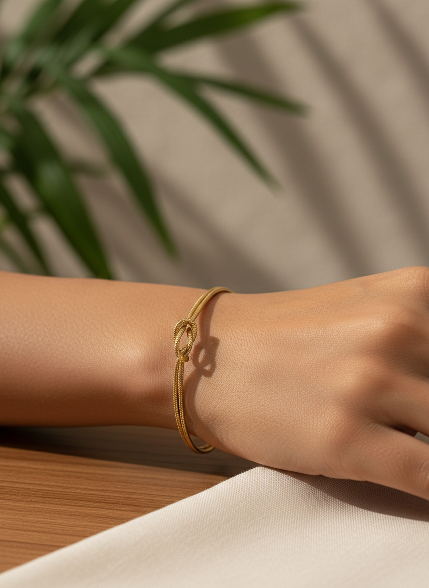 Women Gold Plated Double Strand Snake Chain Love Knot Bracelet for Girls - MVKMBRGD168