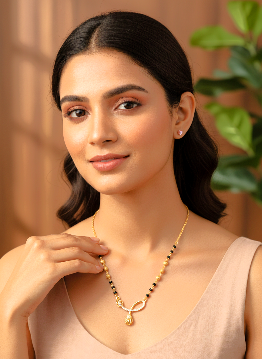 Elegant Gold Plated Mangalsutra for Women with CZ Studded Pendant and Black Beads - MVMFMSGD179