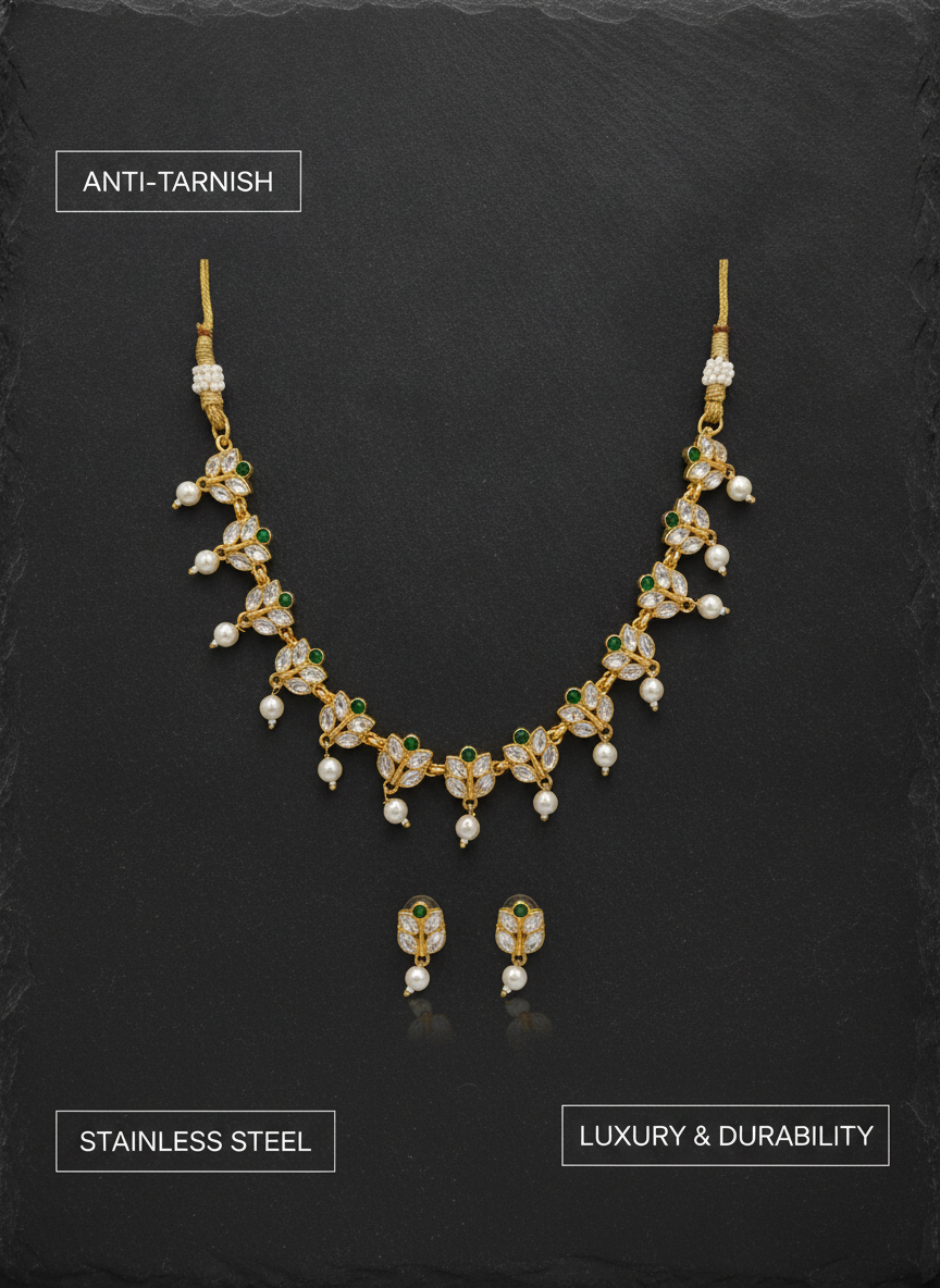 Gold Plated Green and White Stone Jewelry Set with Pearl Droplets - MVJPSTGD205