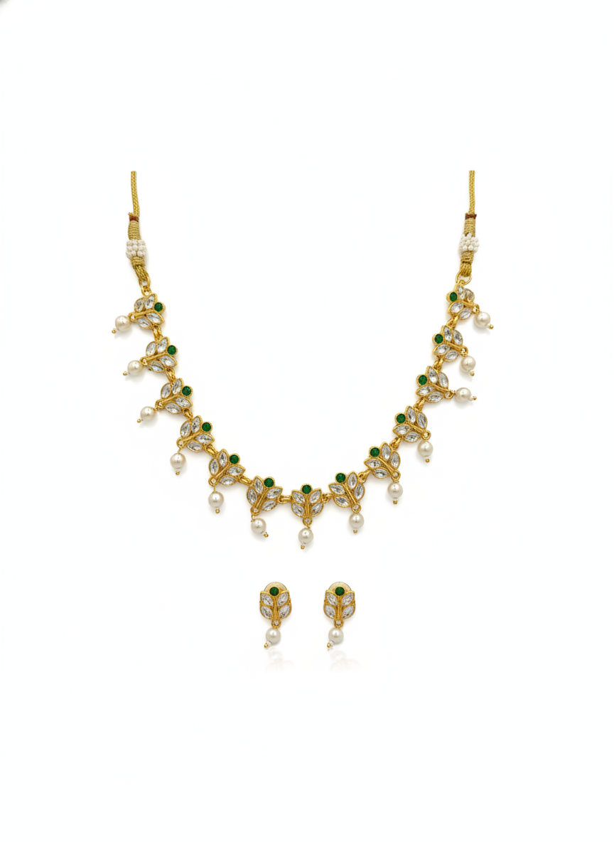 Gold Plated Green and White Stone Jewelry Set with Pearl Droplets - MVJPSTGD205