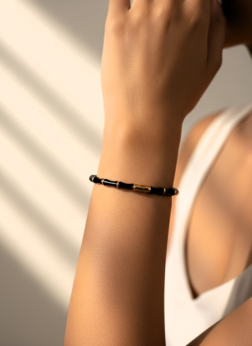 Elegant Black and Gold Bamboo Design Hinged Bangle Bracelet for Young Girls - MVNFBRGD167