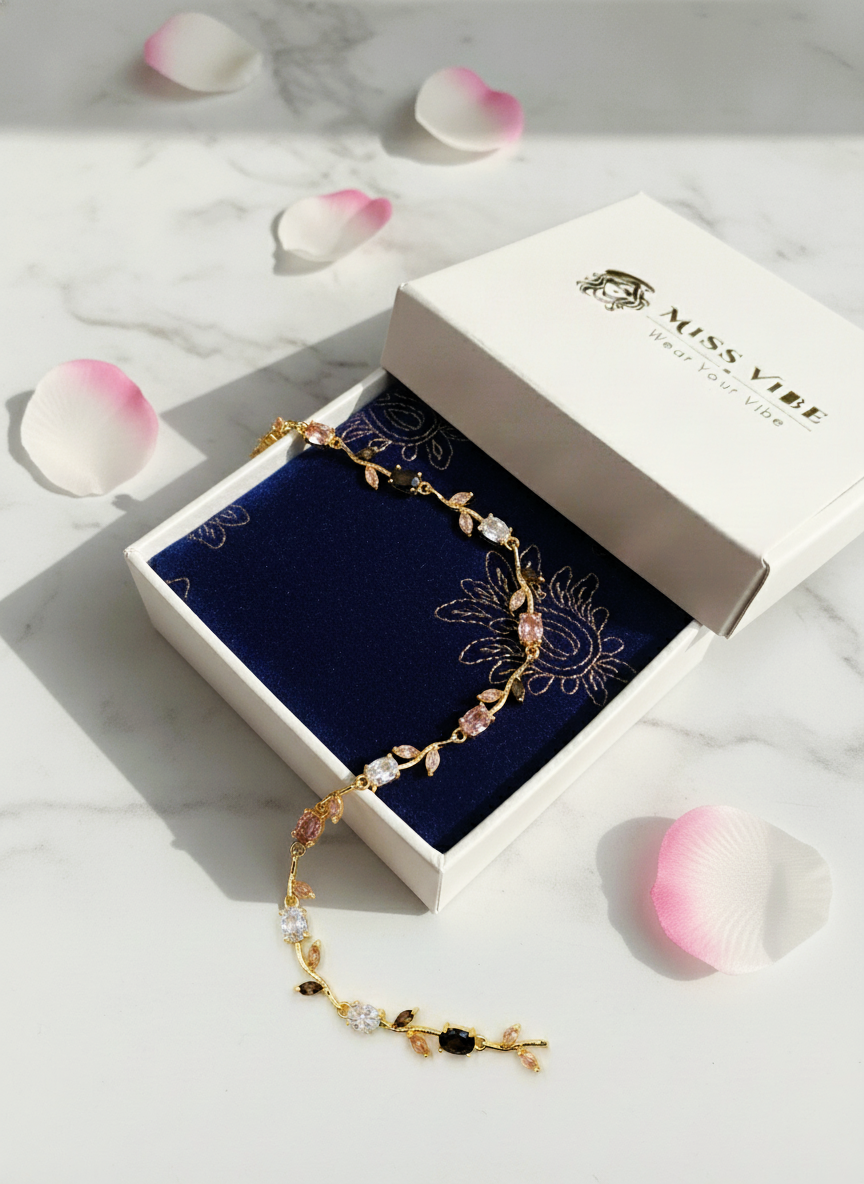 Women Gold Plated Multi Color Stone Floral Tulip Bracelet for Wedding - MVDRBRGD199