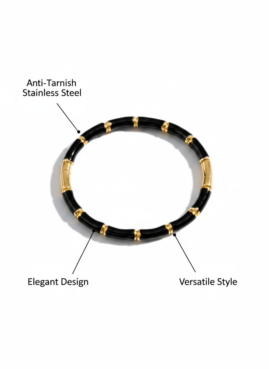_80: Women Gold Plated Black Bamboo Segmented Bracelet Contemporary Bangle Jewelry - MVHSBRGD140